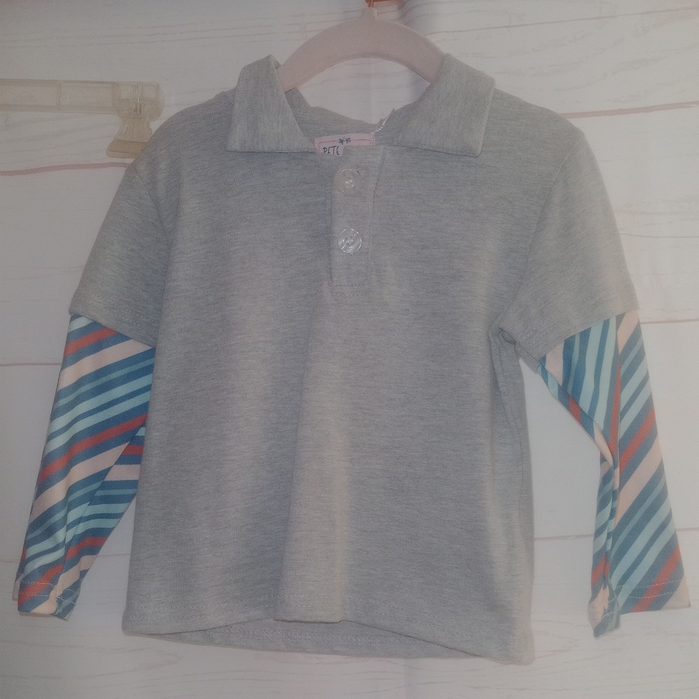 Gray Infant Shirt with Striped Sleeves